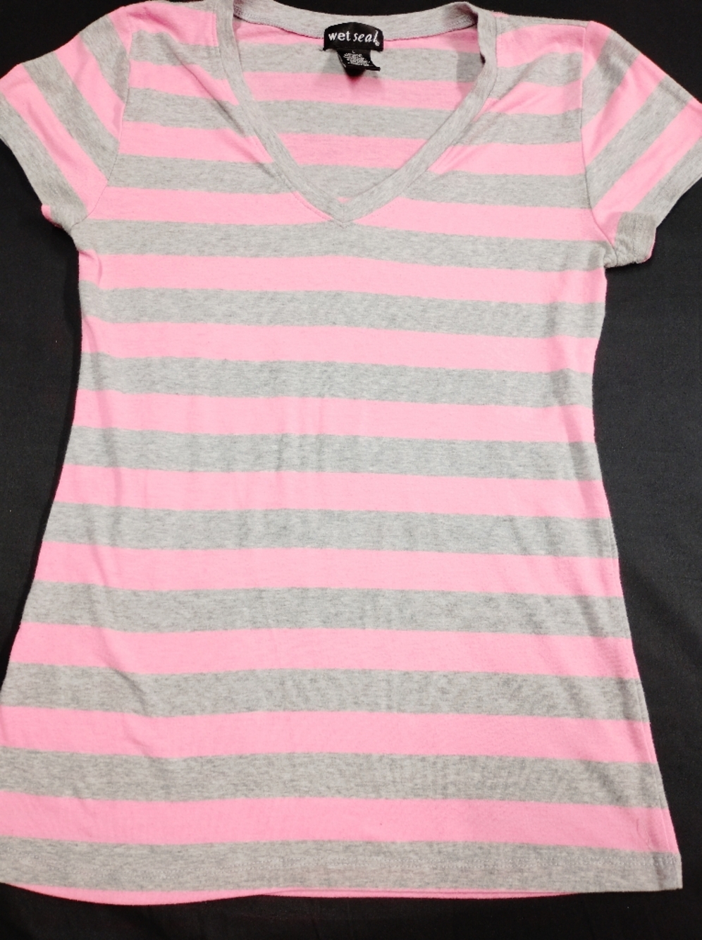Wet Seal Neon Pink and Gray Striped V-Neck Tee Shirt